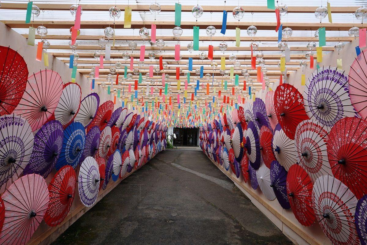 涼やかな音が響き渡る200メートルの風鈴トンネル、薬師如来像に願掛け「6,000個の風鈴」と「400本の和傘」の共演
