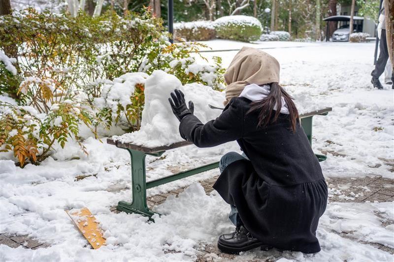 「こりゃブッタまげた！」大学のベンチに現れたのは…？雪遊びの延長で生まれた作品に「溶けてしまうのはもったいない…」と大反響！