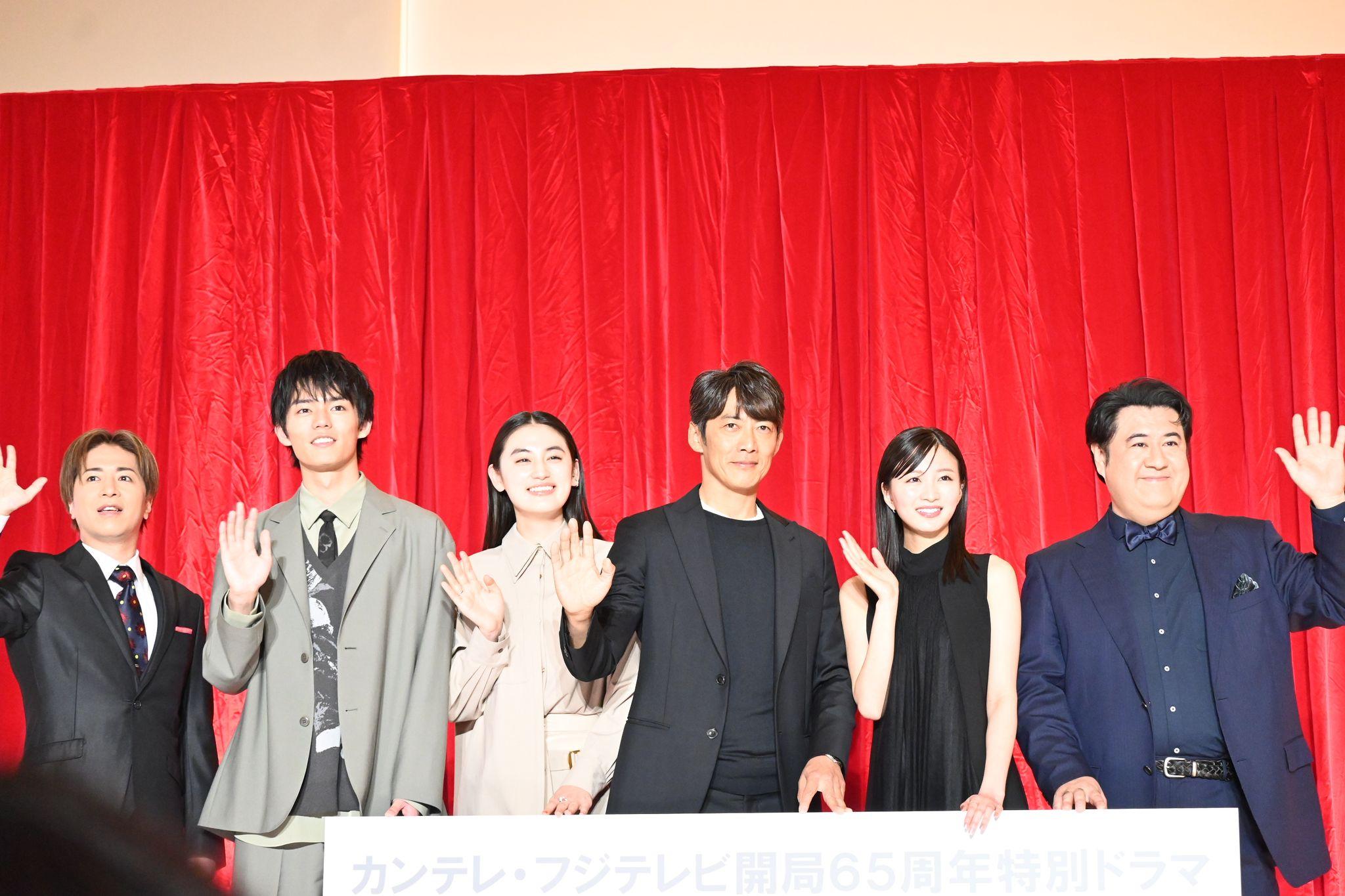 左から）山崎裕太、日向亘、八木莉可子、反町隆史、岡崎紗絵、小手伸也